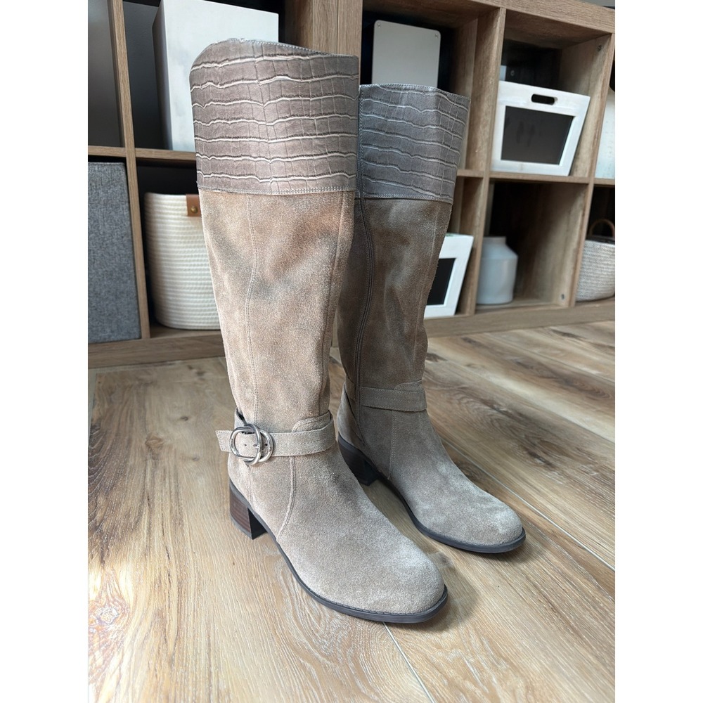 Marc Fisher Hailin Wide Calf Tall Boots Size 7.5 Taupe Tan Suede Croc Equestrian